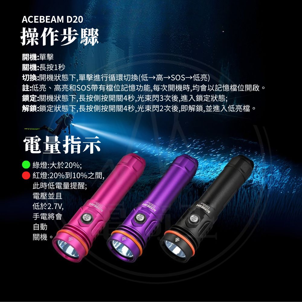 ACEBEAM D20 2.0 2200流明 500米 潛水手電筒 聚光 水下200米 抗海水腐蝕 21700 ACEBEAM D20 2.0 2200流明 500米 潛水手電筒 聚光 水下200米 抗海水腐蝕 21700