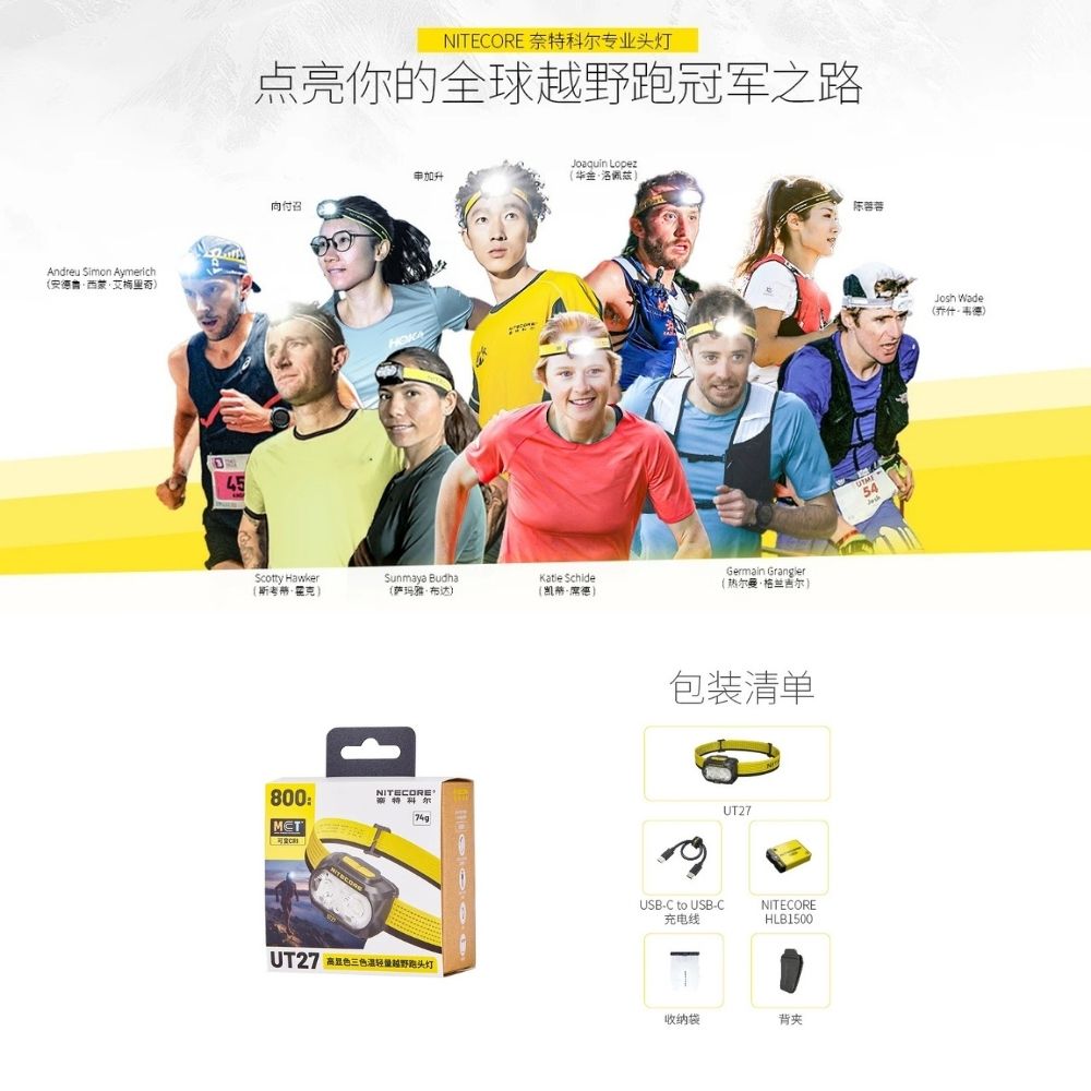 NITECORE UT27 2025新版 800流明 高顯色 三色溫輕量越野跑頭燈 可變CRI 聚泛光 照明 破霧 定位 越野 相容AAA電池