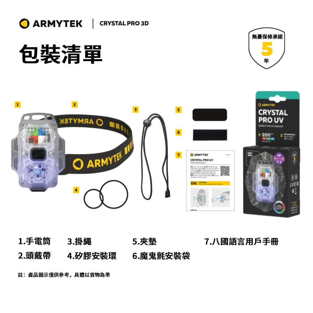 ARMYTEK CRYSTAL PRO UV 200流明 22米 多功能頭燈 UV檢測燈 紅光/白光/綠光/藍光 TYPE-C
