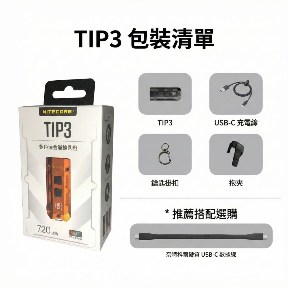 NITECORE TIP3 MCT 720流明 92米 多色溫金屬鑰匙燈 雙按鍵設計 僅重30克