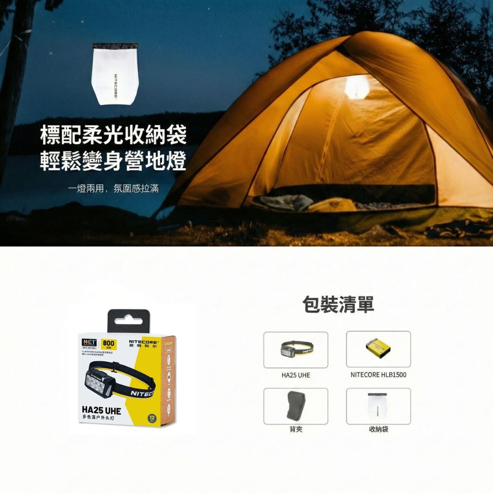 NITECORE HA25 UHE 800流明 多色溫輕量頭燈 雙電源 矩陣式超高光效 戶外 越野跑 登山 AAA