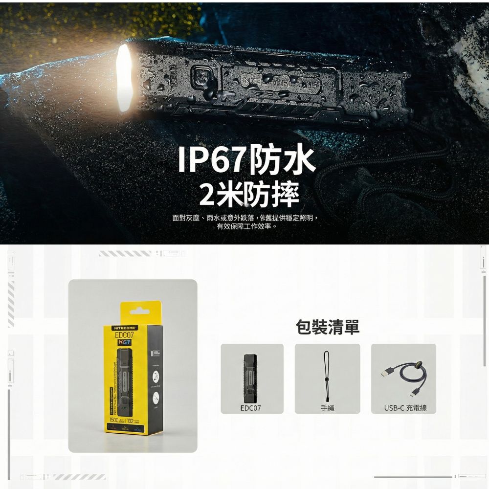 Nitecore EDC07 1500流明 132米 超薄戰術手電筒 可變CRI 多色溫 輕量70g TYPE-C