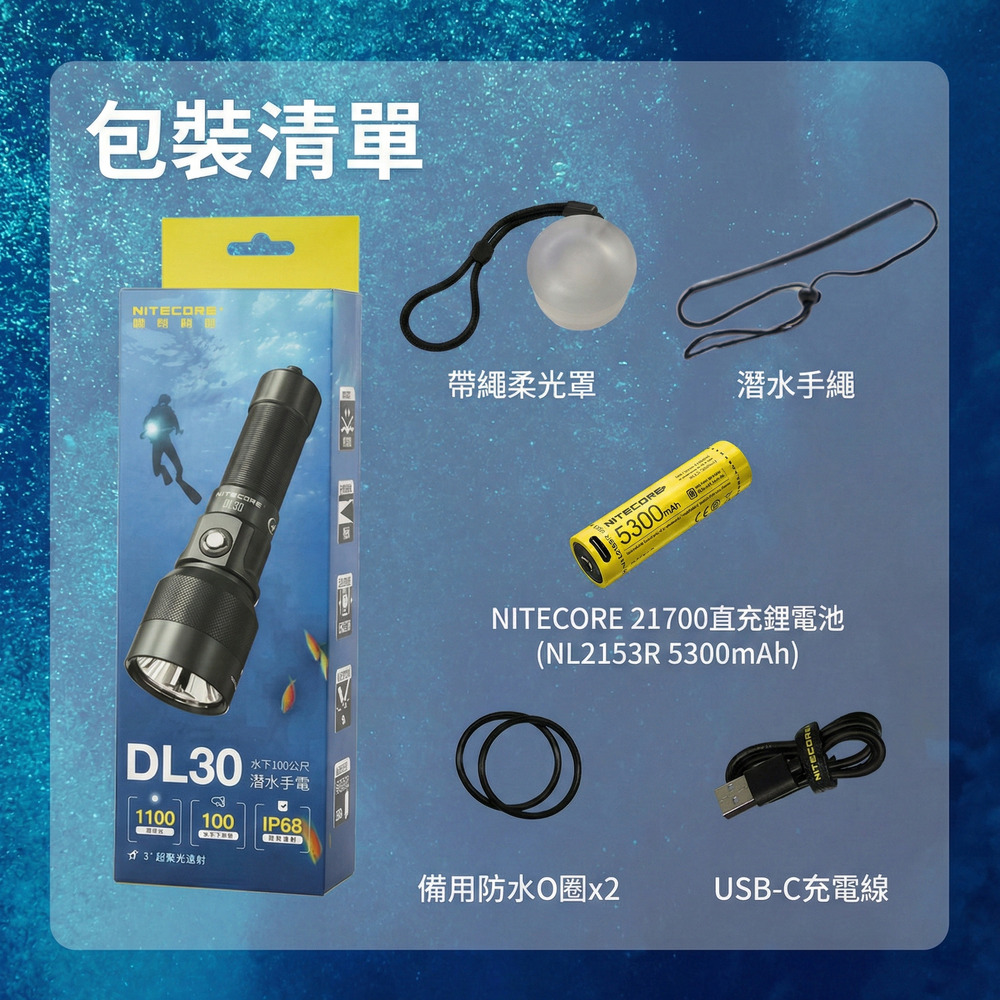 Nitecore DL30 1100流明 788米 潛水手電筒 水下100米 3°聚光遠射DL10 DL20