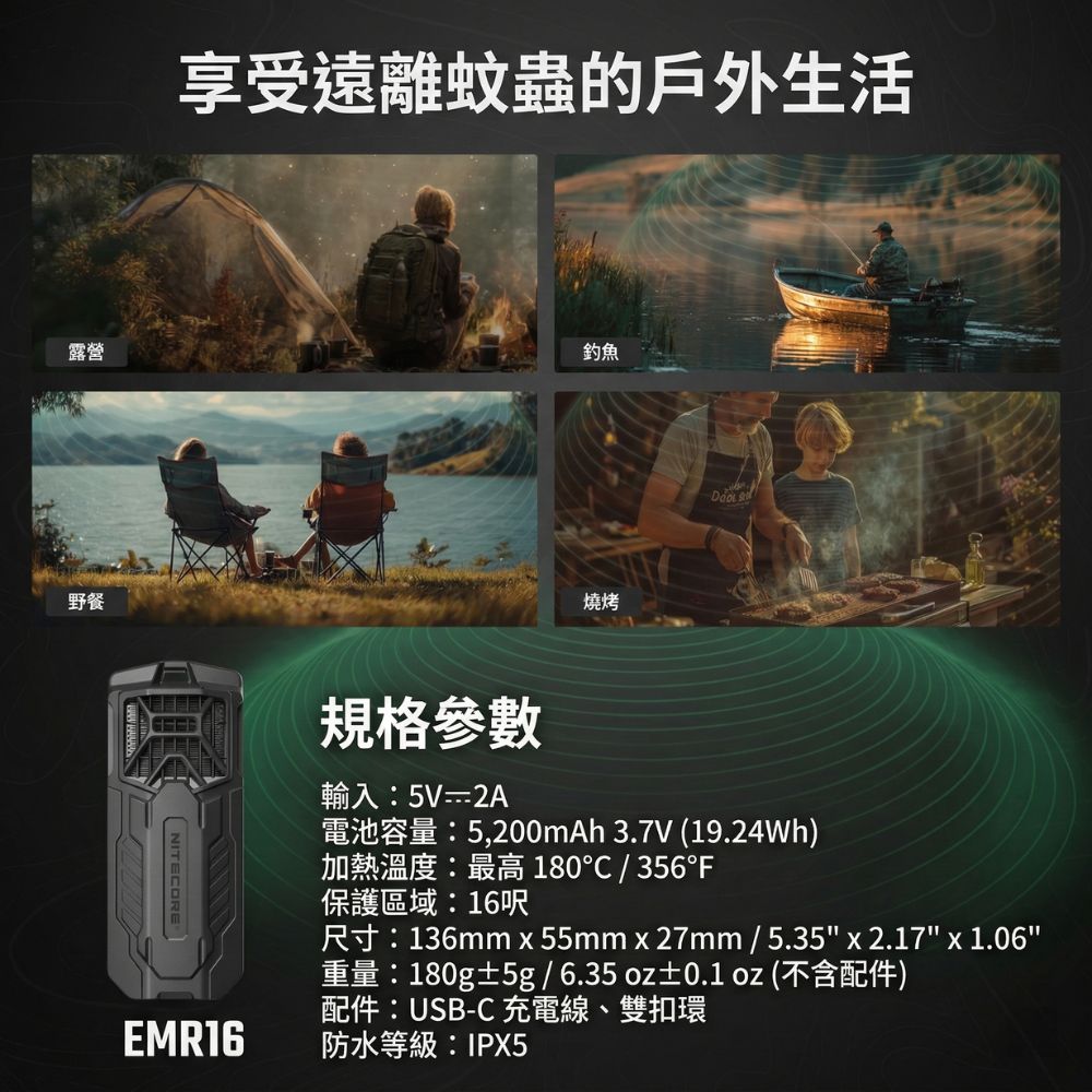 NITECORE EMR16 隨身電子驅蚊器 180g 極輕量  IPX5防水 露營必備 TYPE-C