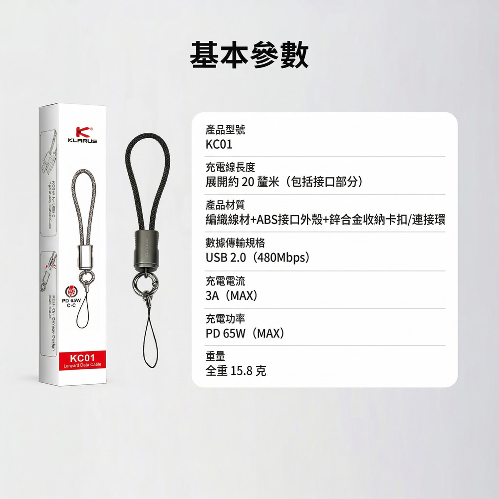 【預購】KLARUS KC01 65W快充線 掛繩編織充電線 數據線 雙Type-C 20cm 卡扣收納 支援 PD/QC