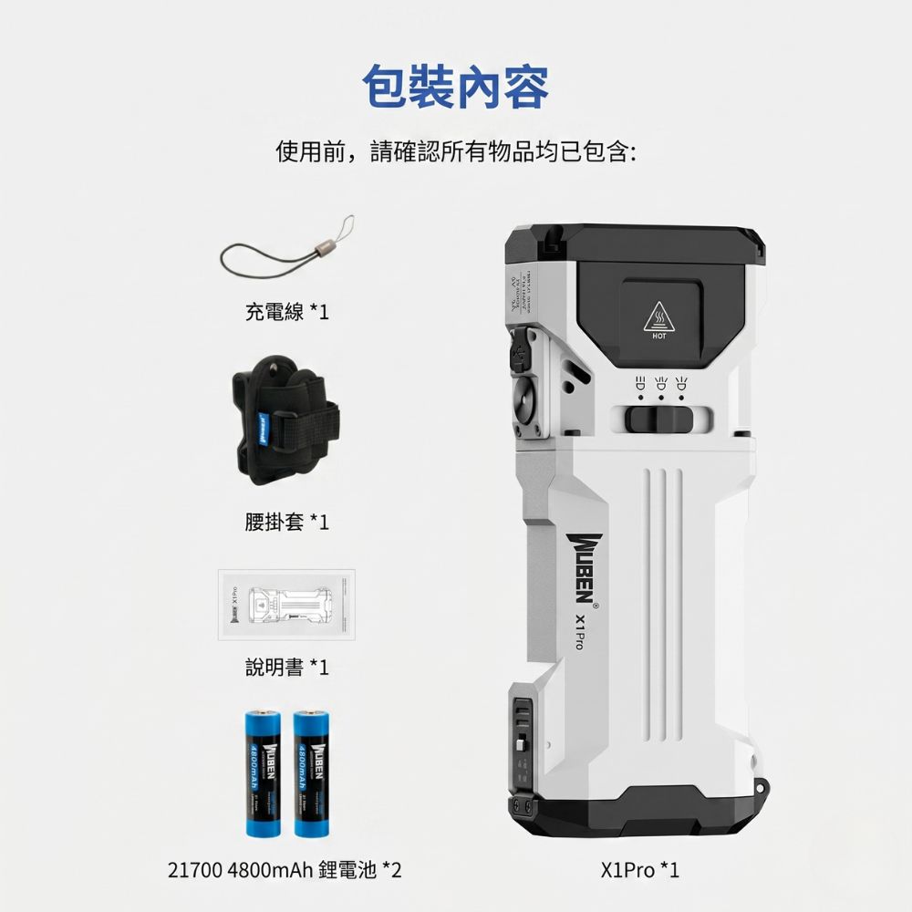 WUBEN X1 PRO 12300流明 410米 高亮度聚泛光EDC手電筒 智能散熱風扇 長續航 戶外探險 可更換21700