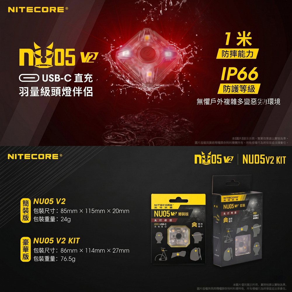 NITECORE NU05 V2 KIT 輕量多功能信號燈 輔助燈 頭燈 夜間識別 USB-C 豪華版