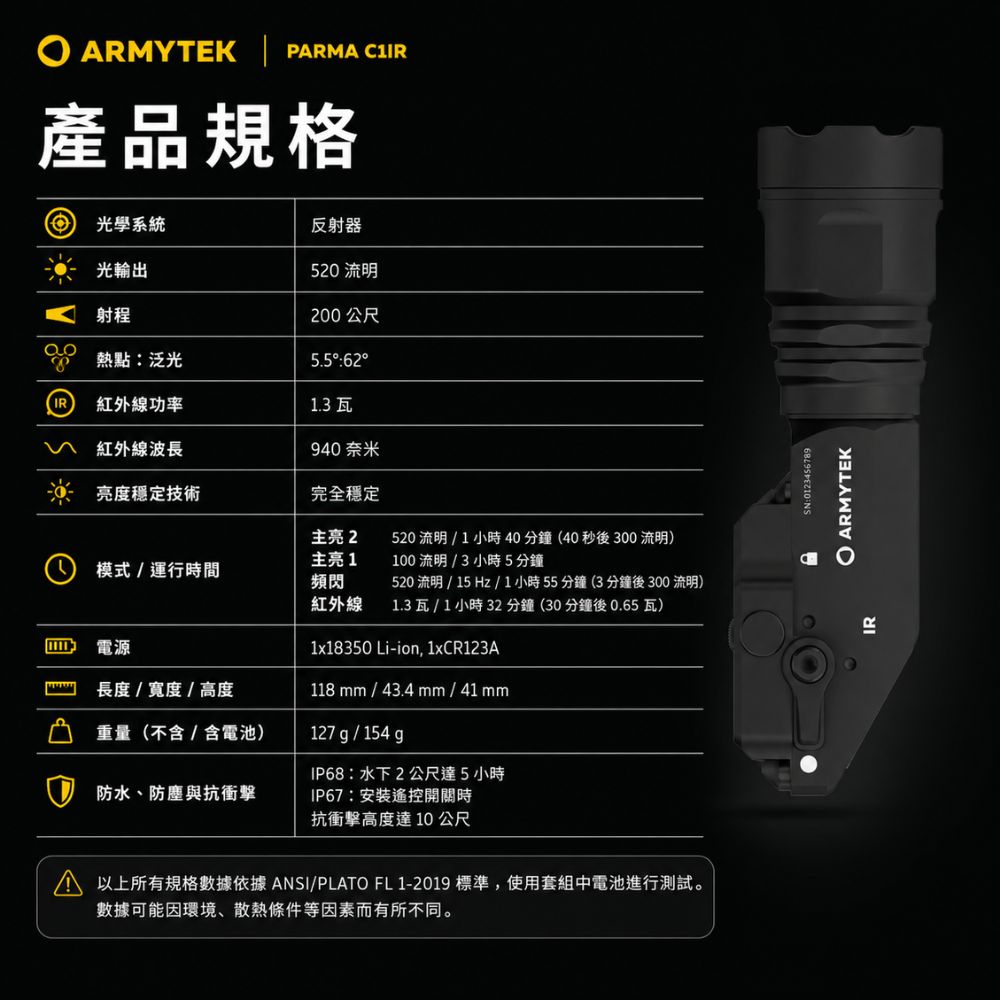 Armytek Parma C1IR 520流明 200米 雙光源戰術手電筒 白光 /紅外線 鼠尾 ARC導軌配件 魚骨