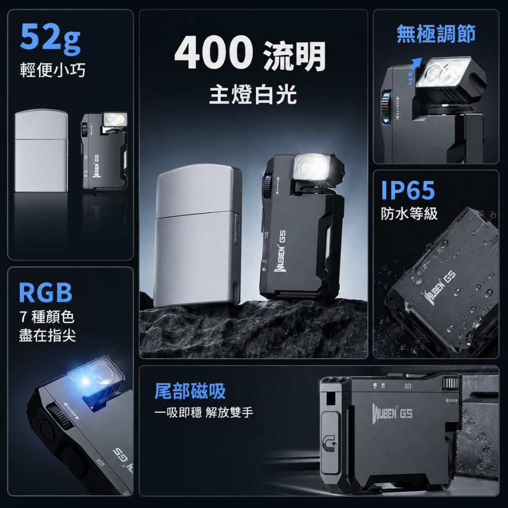 Wuben G5 400流明 便攜照明 EDC 無段調光 磁吸 RGB七色光 180°燈頭 180°背夾 Type-C 52克