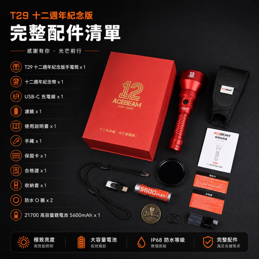 ACEBEAM T29 12週年紀念版 紅色 限量款 2900流明 1400公尺 超遠射程 狩獵手電筒 雙開關 搜索 搜救 21700