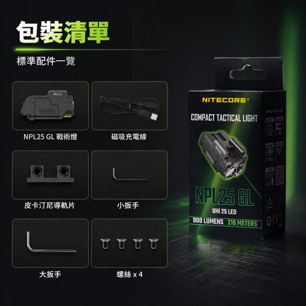NITECORE NPL25 GL 900流明 216米 520nm 綠激光緊湊型戰術下掛燈 皮卡汀尼 槍燈
