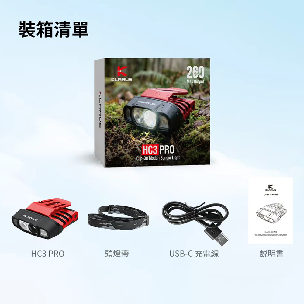 【即將到貨】Klarus HC3 PRO 260流明 智能感應帽夾燈  紅白光 揮手控光 輕量 釣魚 標配頭燈帶