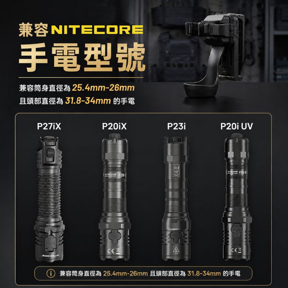NITECORE NTH29 戰術快拔電筒套 適配P27IX, P20IX, P23I, P20I UV 等型號 (筒身直徑為 25.4 - 26mm, 且頭部直徑為 31.8 - 34mm)