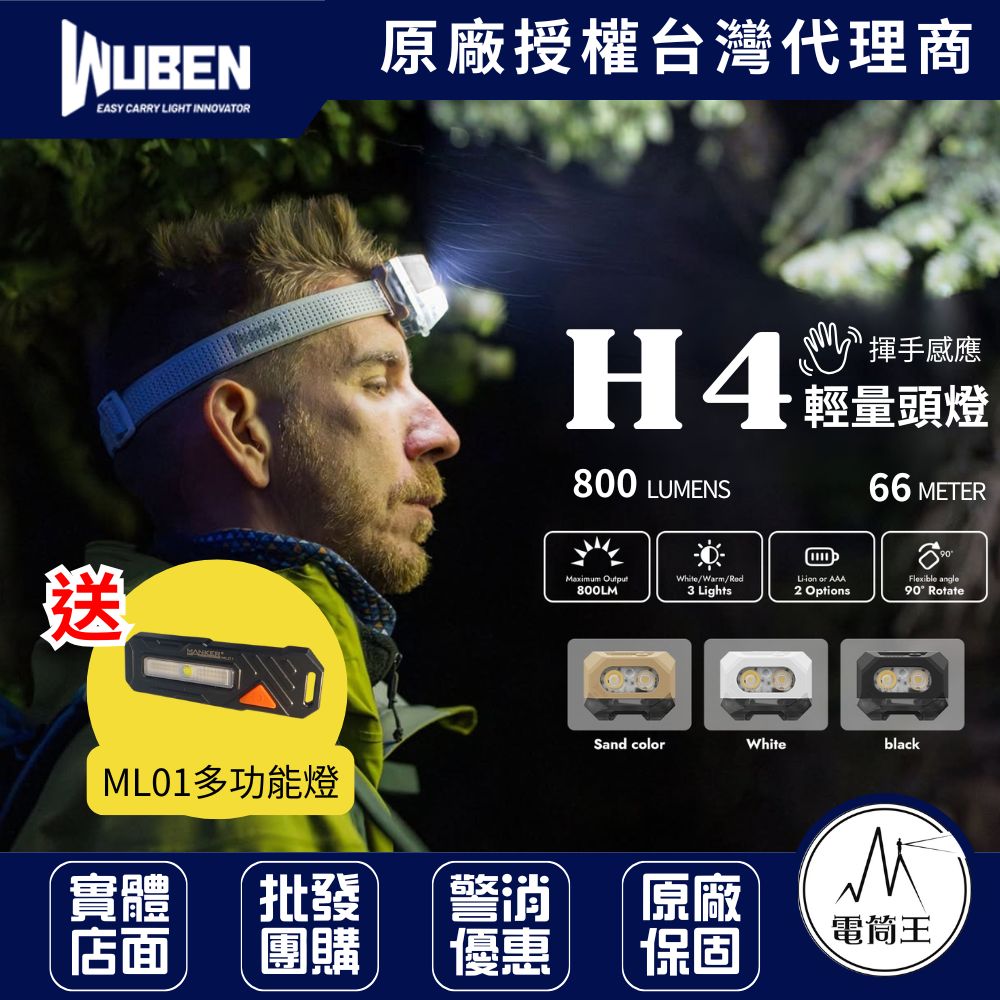 Wuben H4 800流明66米輕量頭燈 揮手感應 一揮即亮 白光/暖白/紅光 Type-C 兼容AAA (BK5)