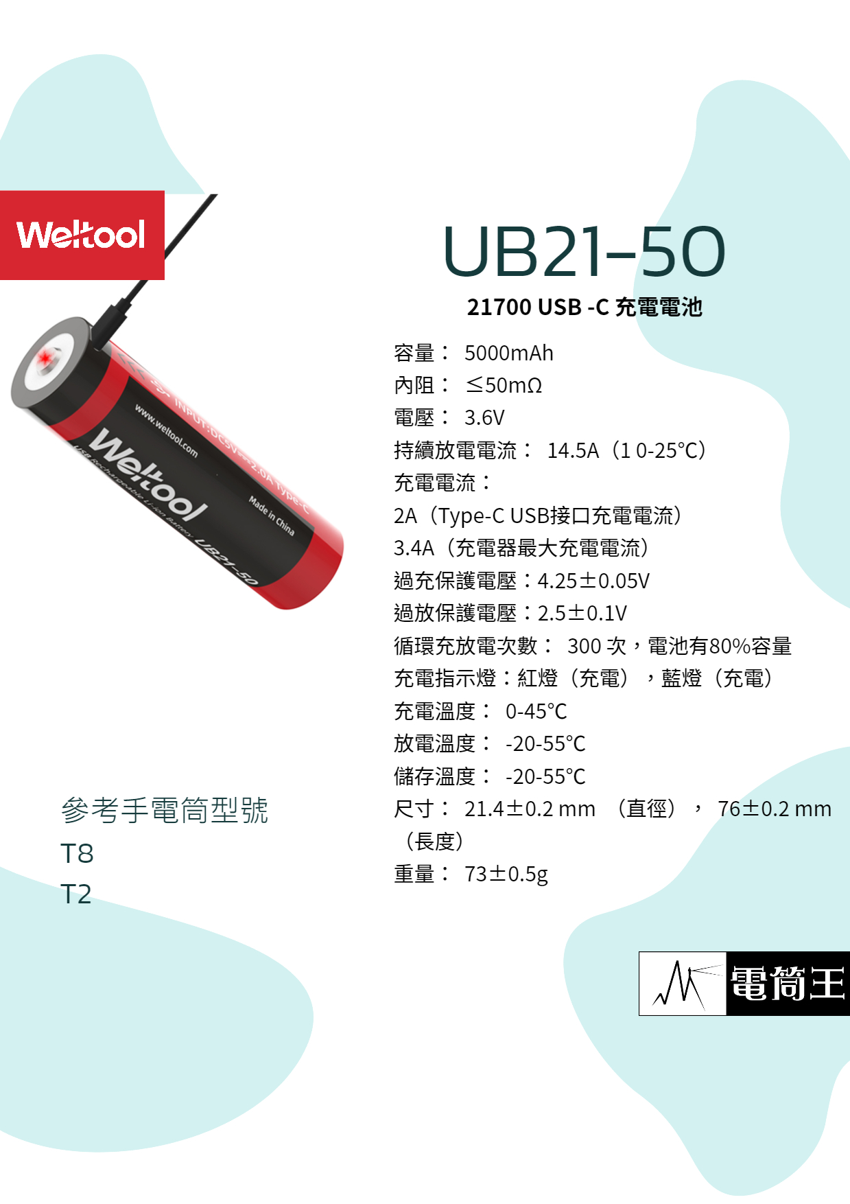 WELTOOL UB21-50 5000mAh USB-C 21700充電鋰電池 W3 PRO /W4 PRO