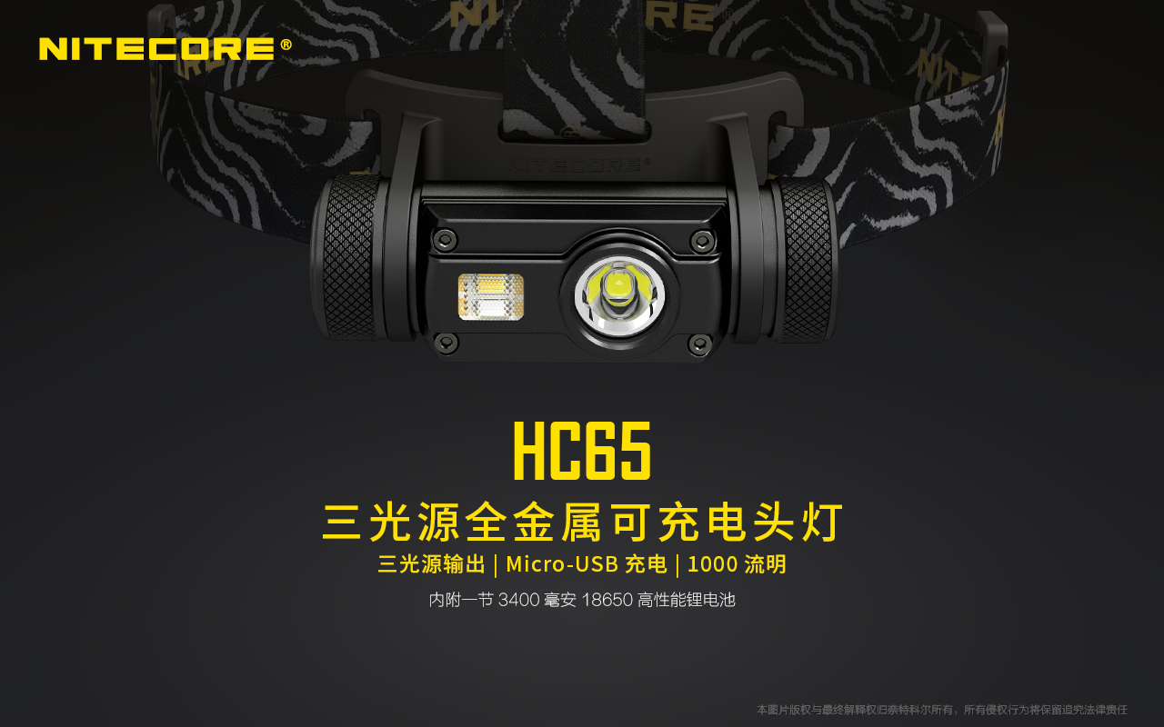 (含電池)Nitecore HC65 1000流明 Micro-USB 充電 頭燈