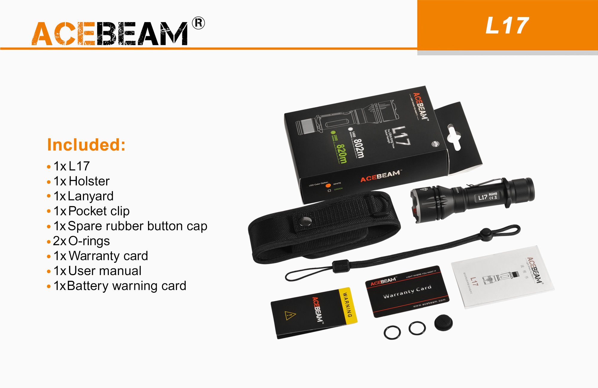ACEBEAM L17 歐司朗遠射手電筒 820米射程  採用18650電池 高亮度LED手電筒