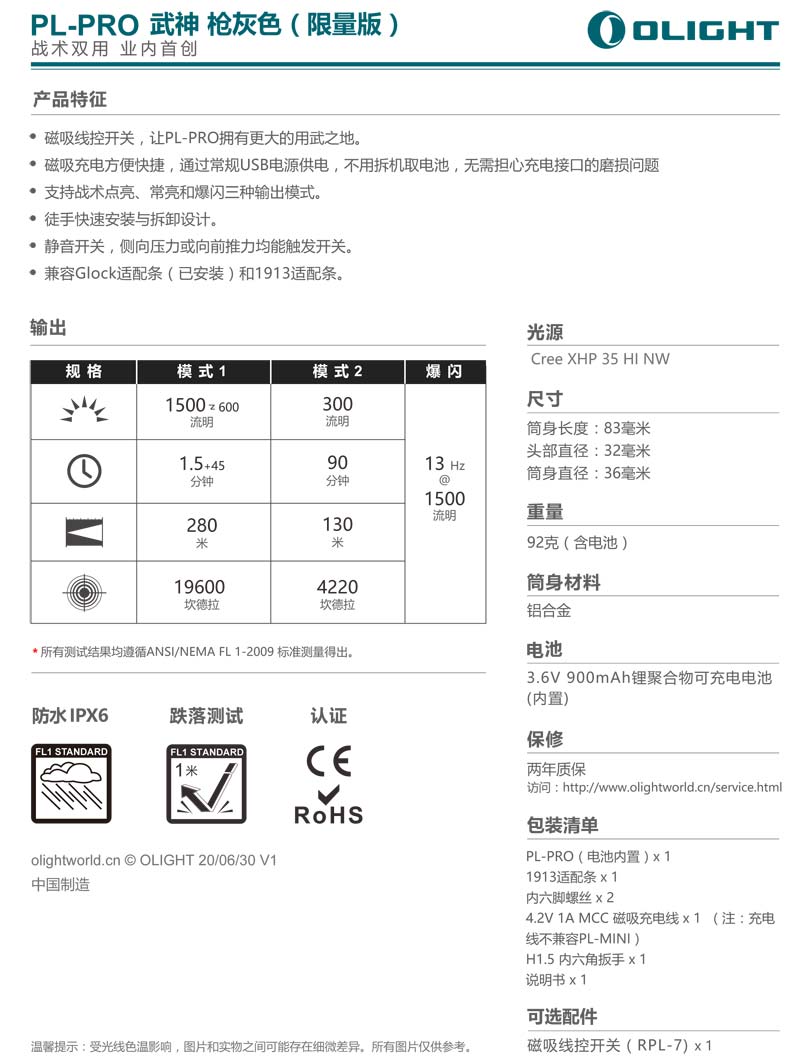 Olight PL PRO 槍燈 限量槍灰 1500流明 280米 TIR 生存遊戲 內建電池 直充 線控