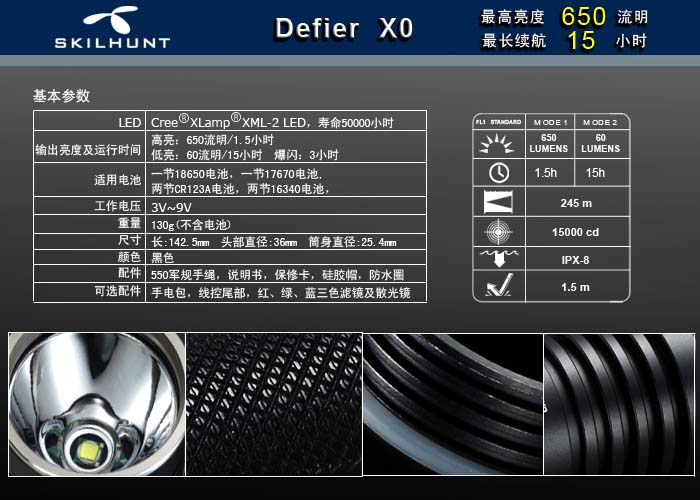 SKILHUNT DEFIER X0 CREE T6 550流明強光戰術手電筒 SKILHUNT DEFIER X0 CREE T6 550流明強光戰術手電筒