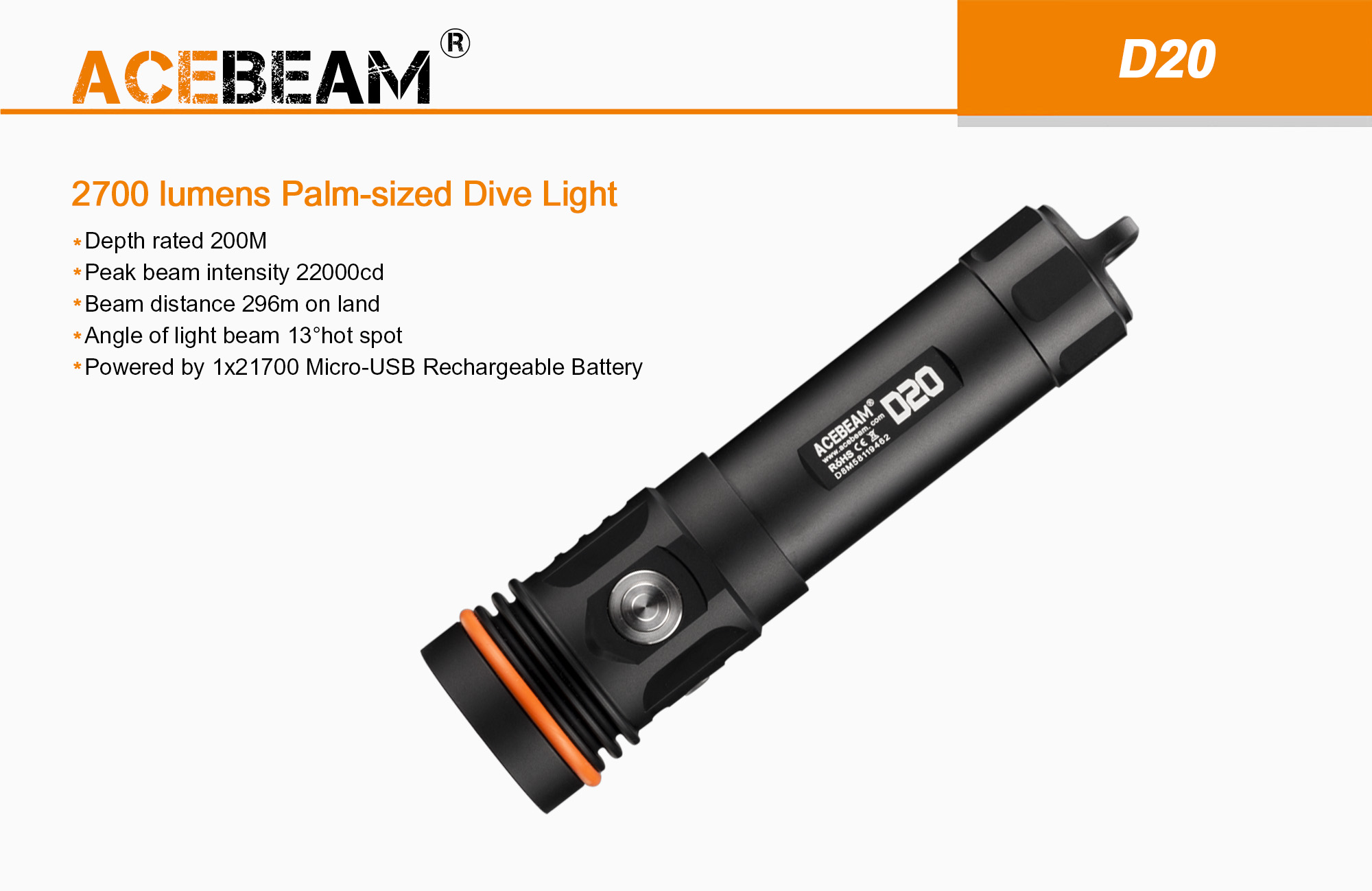 ACEBEAM D20 潛水手電2700流明可水下200米21700電池 