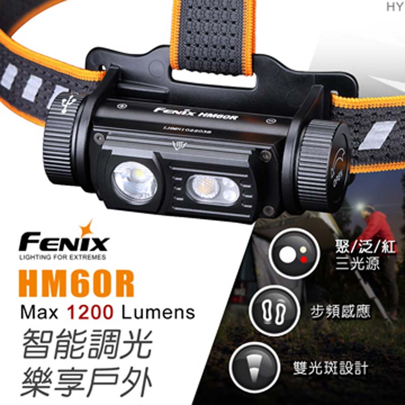 FENIX HM60R 1200流明 SST40 三光源智能調光戶外頭燈 聚光 泛光 紅光 雙光斑 USB-C  防水