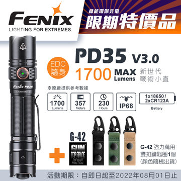 (期間特價) FENIX PD35 V3.0 1700流明 357米 SFT40 新世代戰術小直 強光手電筒 附電池 電量顯示